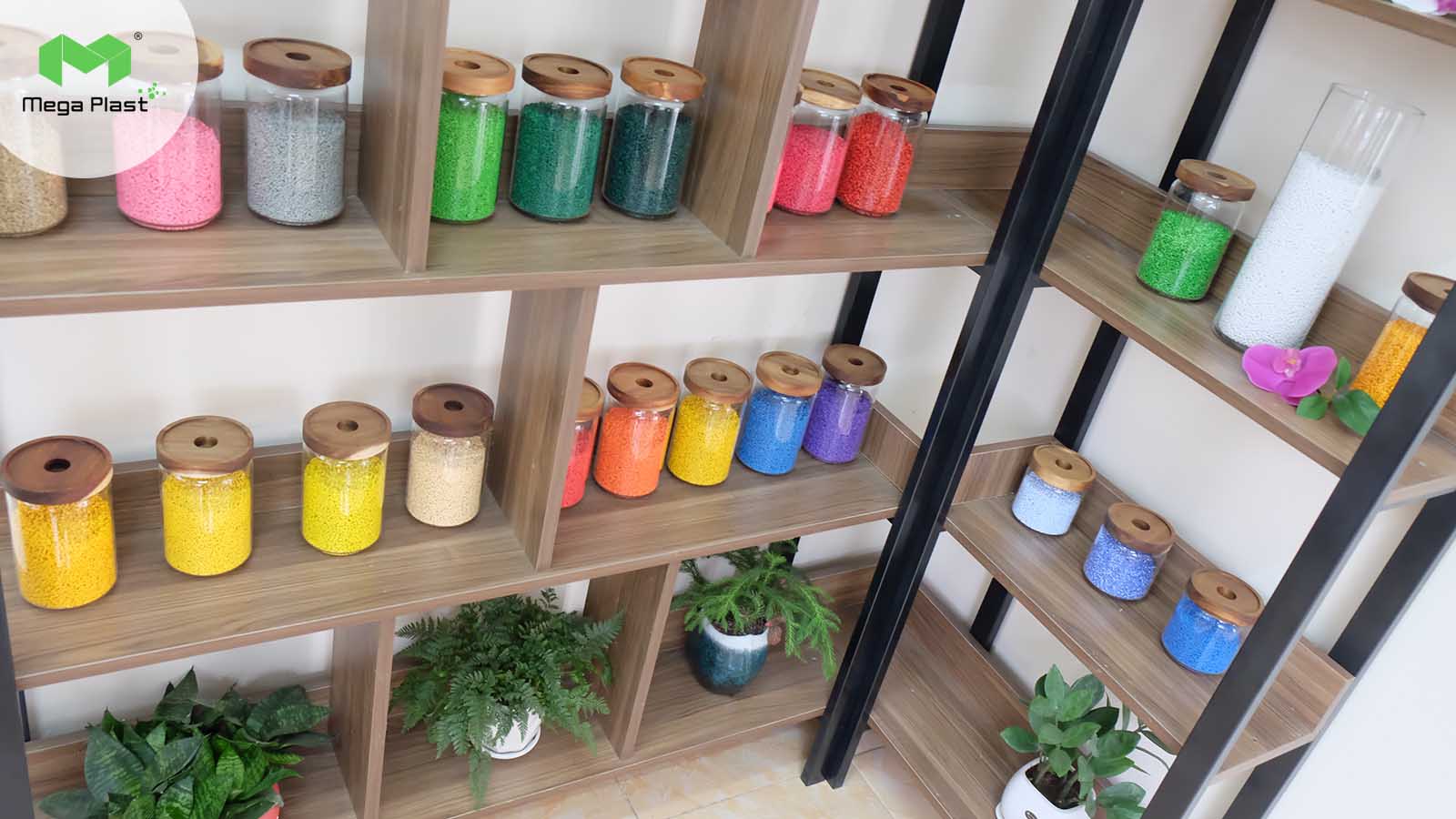 Vibrant array of Megaplast color masterbatch samples for customer selection