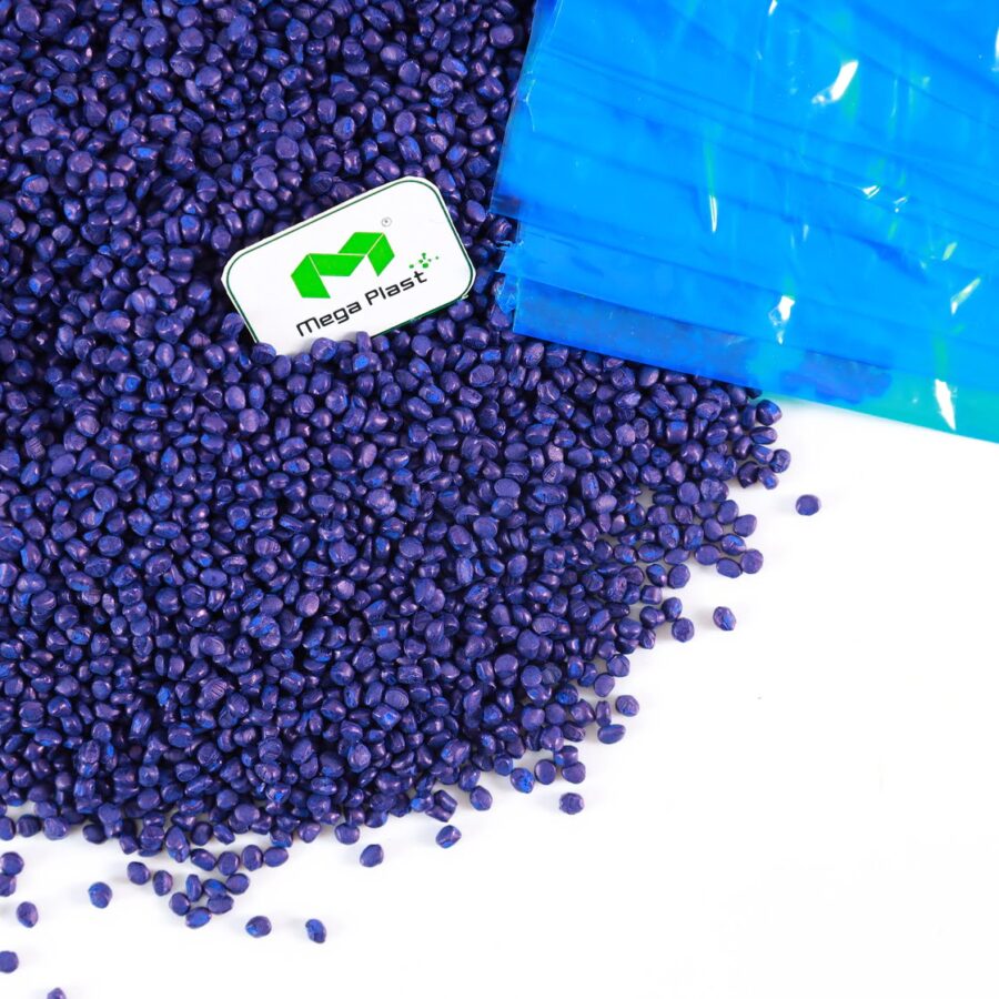 Vibrant blue Mega Plast masterbatch pellets, delivering exceptional color consistency and performance