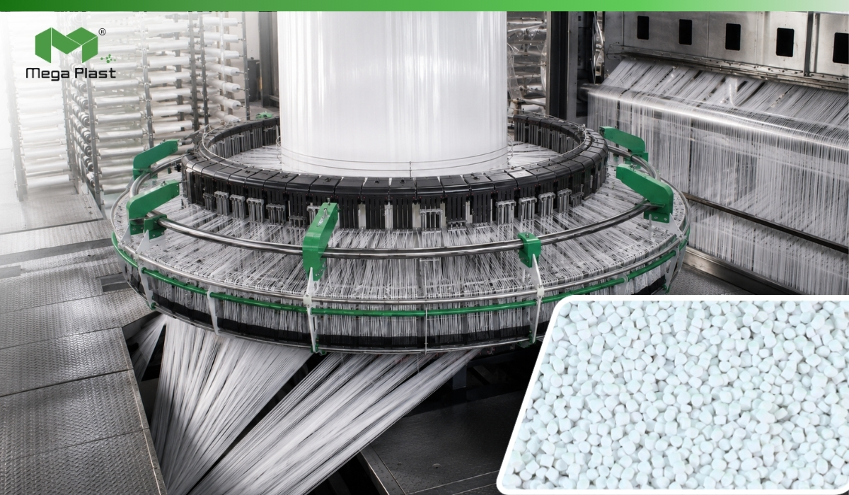 PP Woven Filler Masterbatch running on a high-speed circular loom with smooth PP tapes